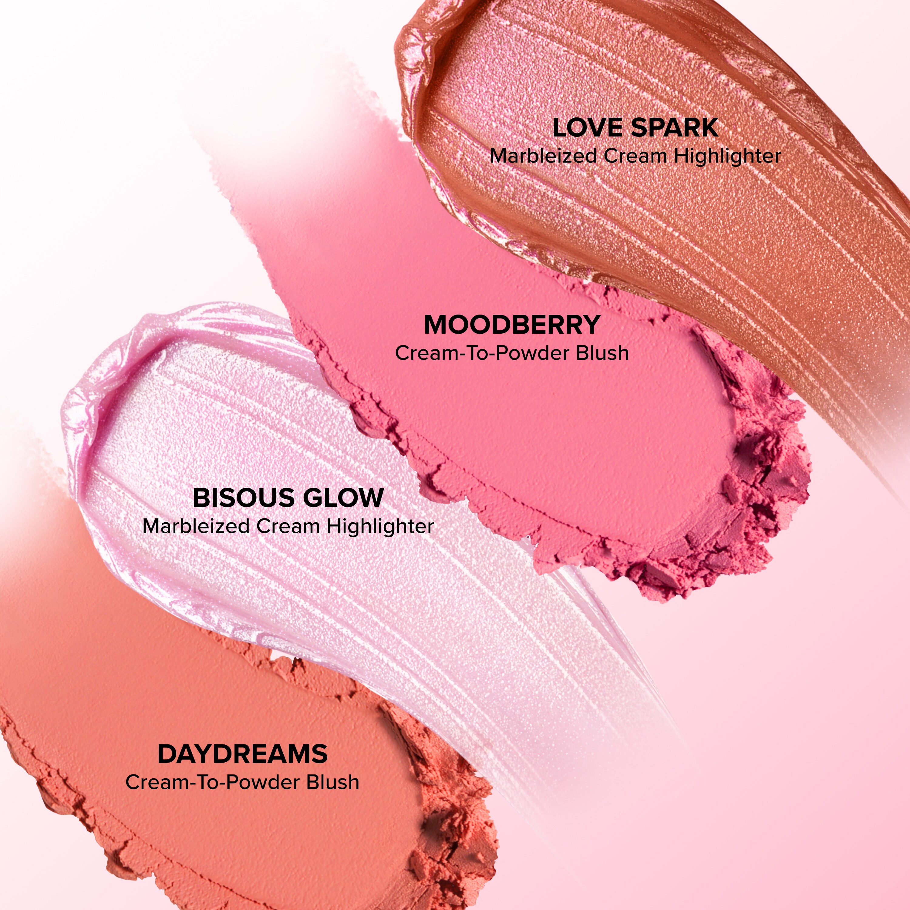 Daydreams Face Palette Holiday 2026, Daydreams — Blush Moodberry — Blush Bisous Glow — Highlighter Love Spark — Highlighter, NET WT. 0.38 OZ. / 11.0 g