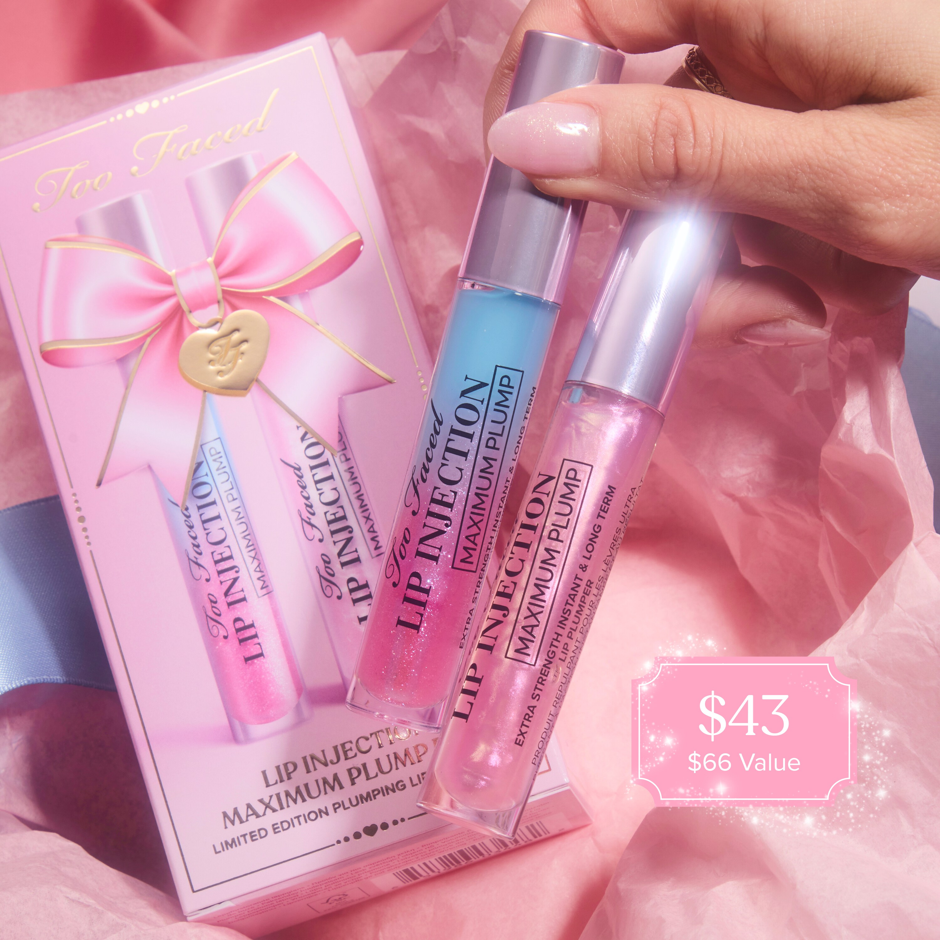 Lip Injection Maximum Plump Lip Gloss Duo Holiday 2026, Original — Clear Taffy Twist — Ombré Neon Pink Sparkle into Baby Blue, 10 g / 0.35 Oz